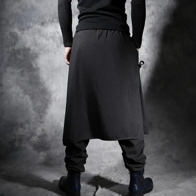 

Spring and summer large size men's casual personality skirt pants Chinese winds fake two pieces loose harem black trousers/27-40
