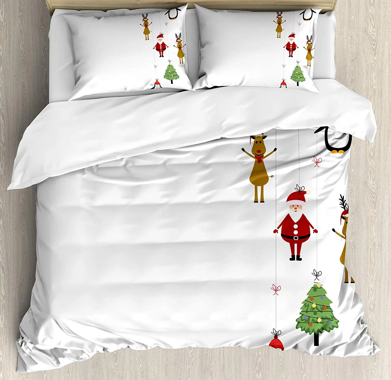 

Christmas Duvet Cover Set Queen Size Stylized Reindeers Santa Claus Penguins and Xmas Tree on Stripes Cute Design Decorative 4