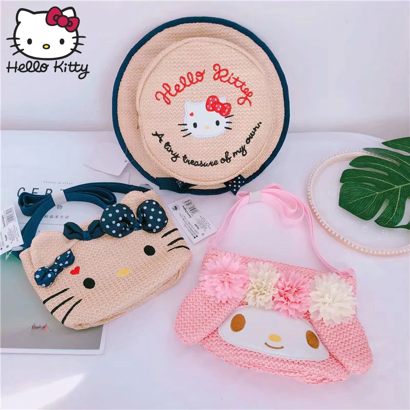 Hello Kitty Shoulder Crossbody Hand Bags 2019 Fashion Girls Straw Bag