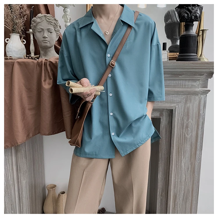 Summer New Dress Shirt Men Fashion Solid Color Business Casual Shirt Man Streetwear Wild Loose Seven-point Sleeve Shirt Male
