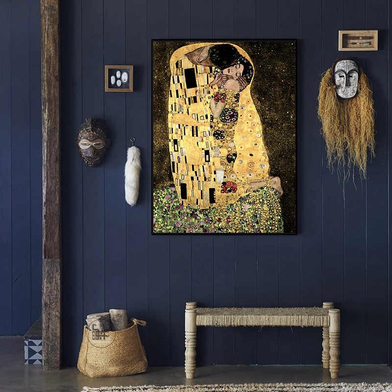 

Posters and Prints Klimt Style Kiss Canvas Art Painting Marvel Golden Wall Art Hallway Decoration Picture Abstract Figure Poster