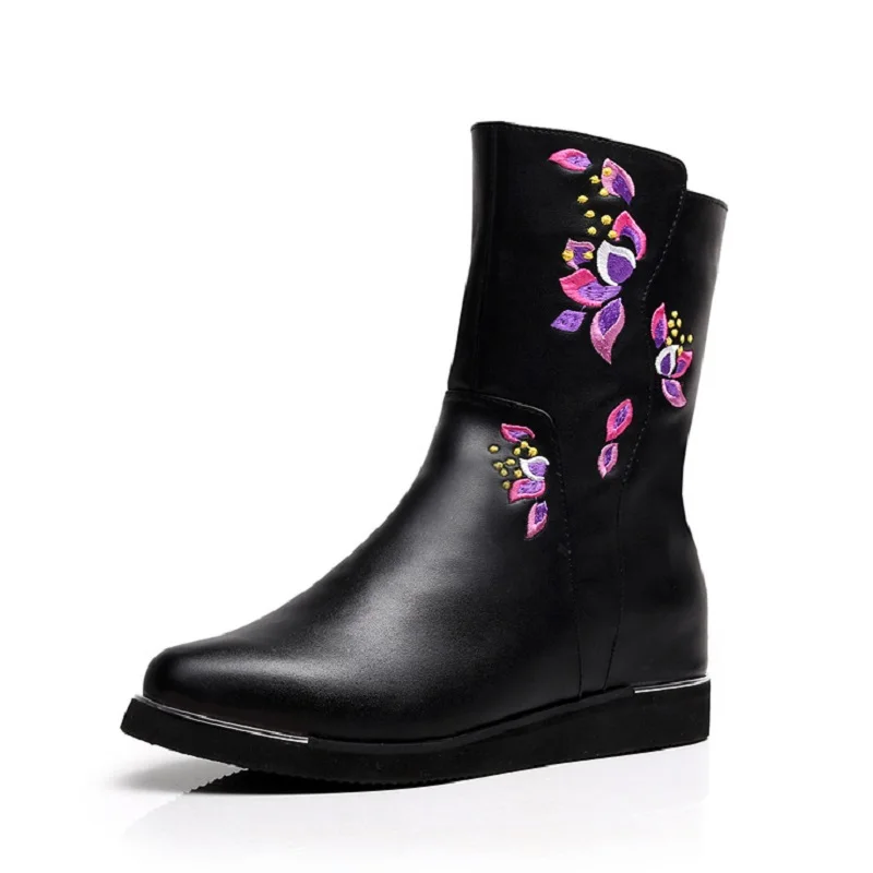

Purple Lily Short Cotton Boots Women Shoes Embroidery Female Winter Black Elegant Pu Snow Boots Low Boots Shoes Size 34-41