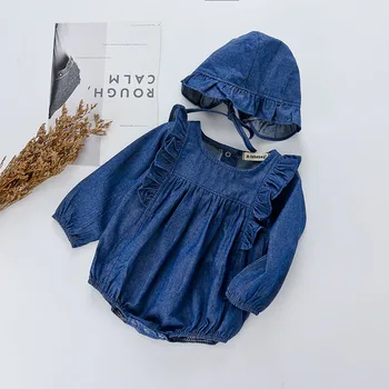 

High Quality 2019 Spring Infant Baby Girls Rompersuit+Hat 2pcs Denim Princess Girls Ruffles Overall Cute Baby wear Rompers