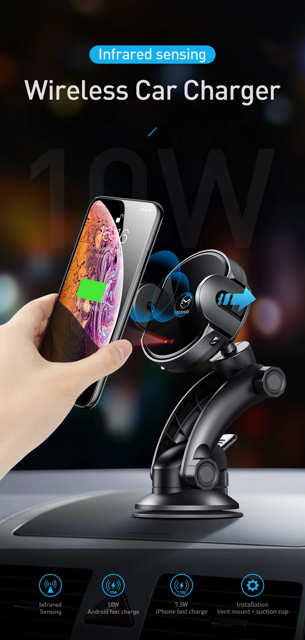 Carregador de Carro sem Fio Titular do Telefone w para Iphone Mcdodo Estande Clipe Infravermelho Automático Ventilação ar Montar Carro Carregador Rápido 10 Samsung qi 2 High Quality Telefonia e Comunicação