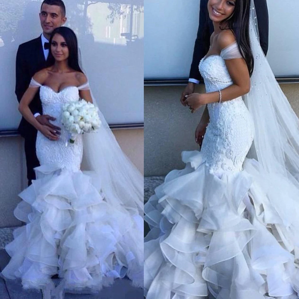 African Black Girl Wedding Dress off the Shoulder V Neck Mermaid Wedding Dress Ruffles Tiered Bride Dress Plus Size Wedding Gown African Black Girl Wedding Dress off the Shoulder V Neck Mermaid Wedding Dress Ruffles Tiered Bride Dress Plus Size Wedding Gown