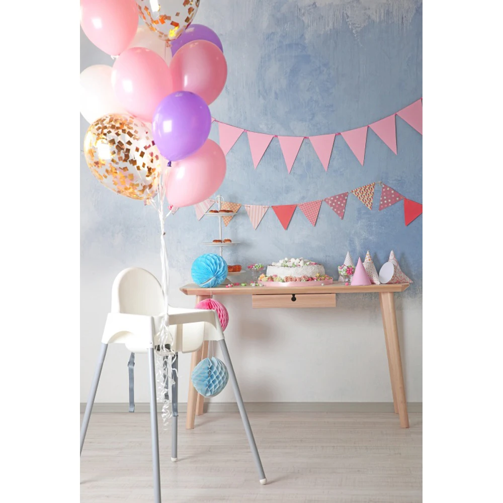 

Laeacco Kids Backdrops For Photography Balloons Flag Table Cake Chair Birthday Party Ceremony Photographic Background For Family