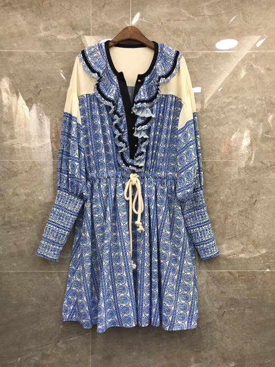 

Summer 2019 New Women's Neckline V-String Received Waist Printed Long Sleeve Dress 618