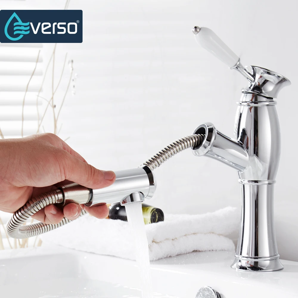 

Ceramic Pull Out Bathroom Basin Sink Faucet Single Handle Hot and Cold Water Crane Vessel Sink Mixer Tap