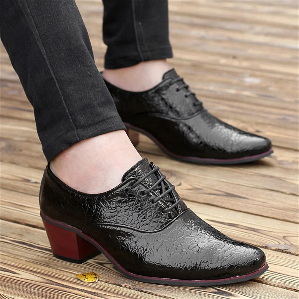 Men Pointed Toe leather shoes Lace-Up Alligator Pattern Busines Dress shoes British style High heel Male Wedding shoes 7.11 - Цвет: BK