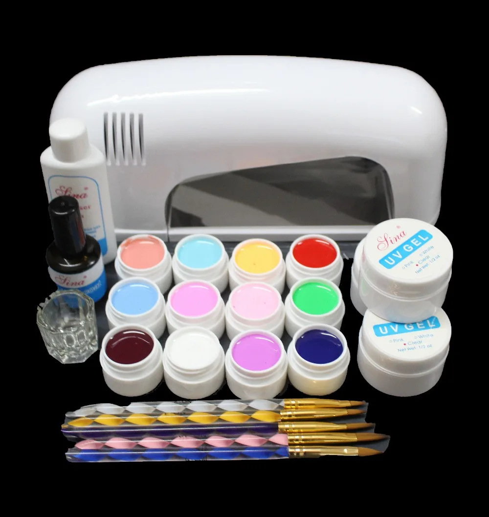 High quality PRO FULL Nail Art Set 9W UV GEL White Lamp 12 Color Pure
