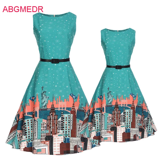 2017 autumn european and american retro print dress mother daughter
