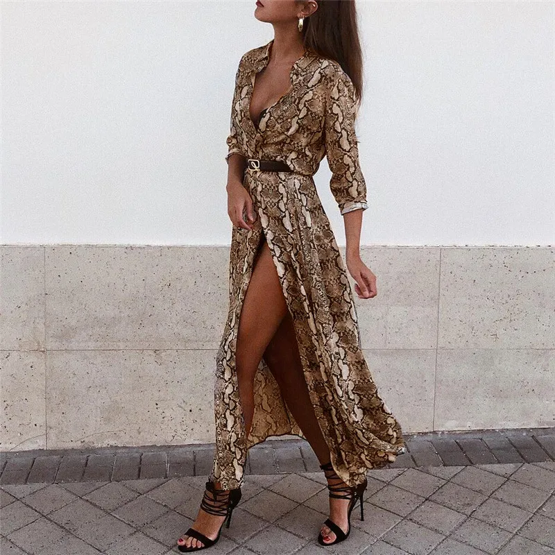 

Women's Chiffon Python Skin Printed Dresses Long Sleeve Autumn Boho Beach Long Dresses Ladies Fashion Holiday V-neck Maxi Dress