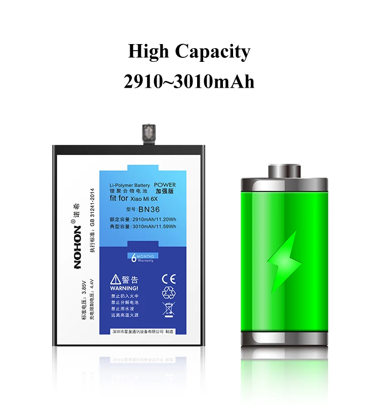 Nohon Battery For Xiaomi 6X BN36 Mi 6X Real Capacity 2910mAh 3010mAh mobile Li-polymer Bateria +Tools For Xiaomi Mi 6X Batteries 2019 Details (03)