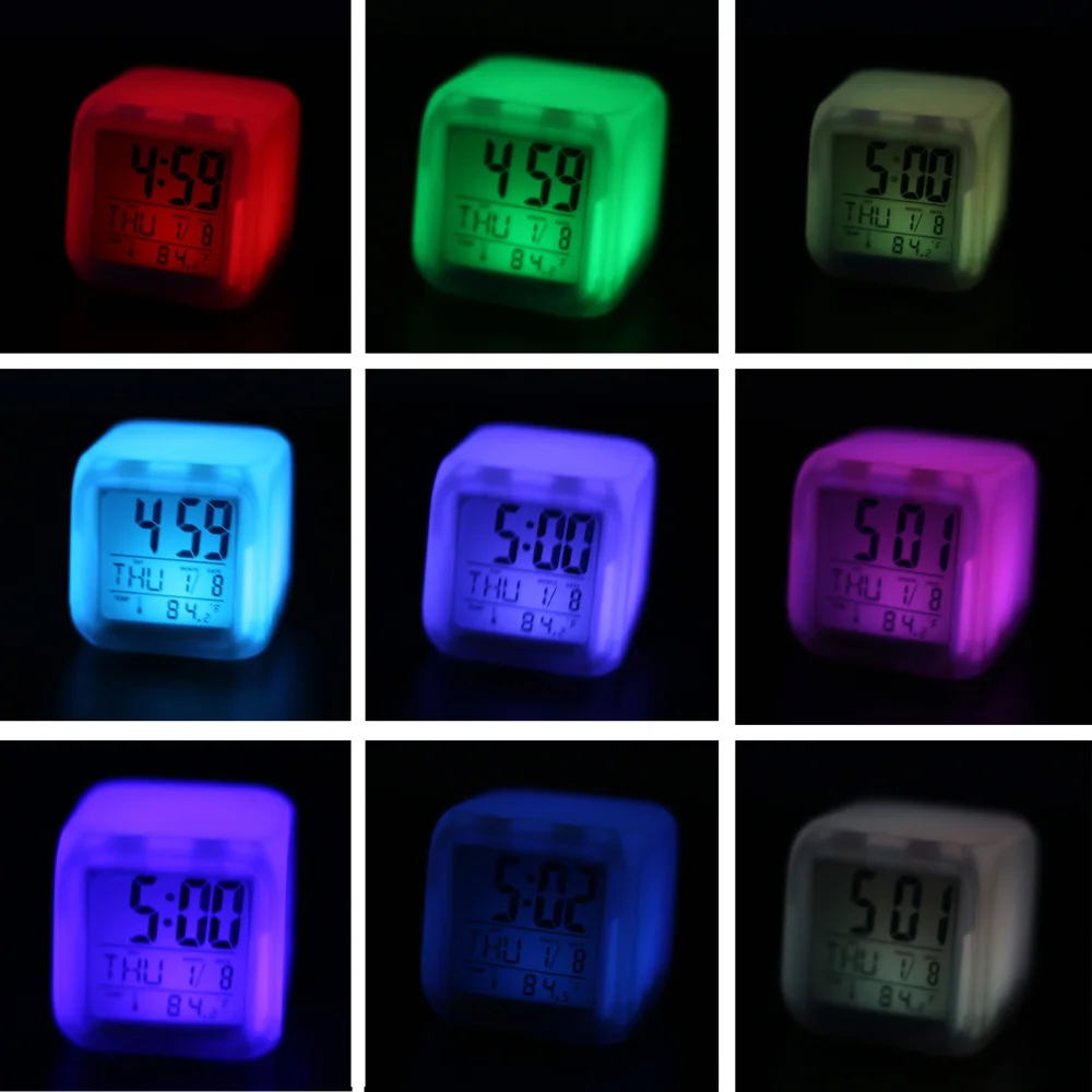 Cube светодиодный Будильник цифровые настольные часы 7 цветов меняющийся ночной Светильник Светящиеся в темноте ЖК-часы термометр домашний Декор подарок