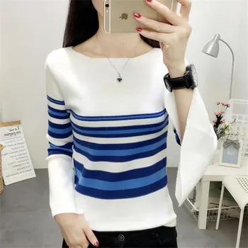 

Women Fashion Knitted Flare Sleeve Sweaters Brife Slim Slash Neck Pullover Autumn Striped Sweater Female Winter Outfit Tops
