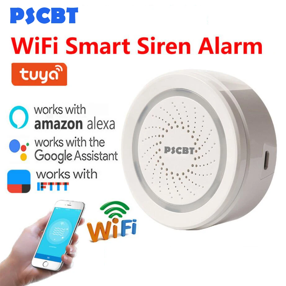 

PSCBT WIFI Alarm Siren Sport Alarm Sensor USB Power Via iOS Android APP Notification Plug And Play No HUB Requirement