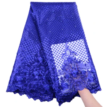 

Embroidered African Fabric With Stones For Party Wedding Dress High Quality Royal Blue Cord Lace Fabric For Wedding 5 yds 1518B