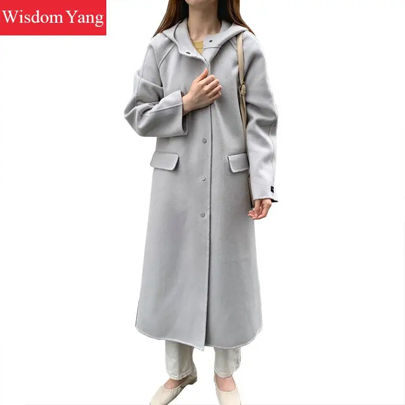

Winter Coat Women Sheep Wool Cashmere Coats Grey Elegant Warm Loose Hooded Korean Ladies Long Woolen Overcoat Casual Outerwear