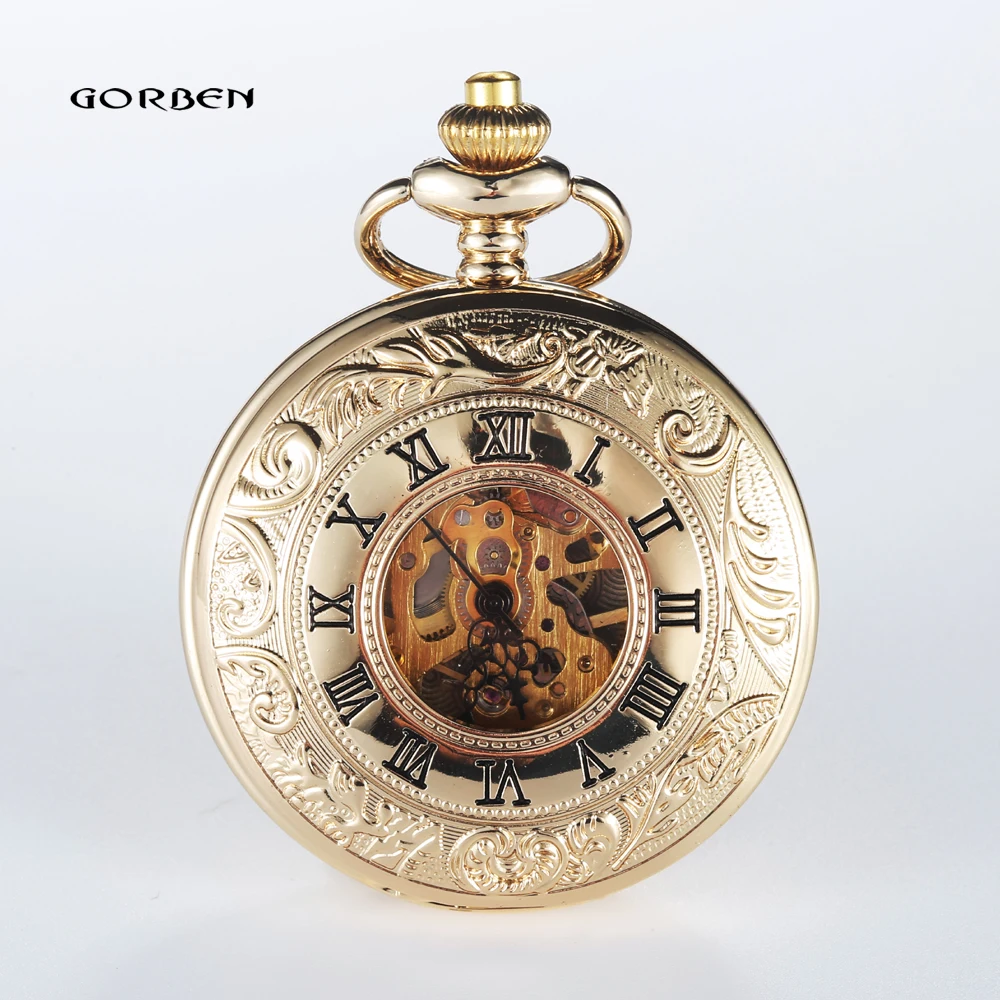 

Luxury Fashion Golden Hollow Carving Analog Steampunk Mechanical Pocket Watches Roman Dial FOB Waist Chain Mens Pocket Watches