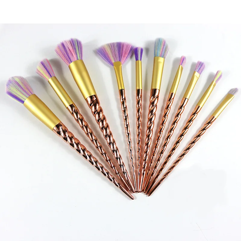  New 10pcs Rose Gold Unicorn Colorful Makeup Brushes Set Foundation Blending Power Eyeshadow Cosmeti