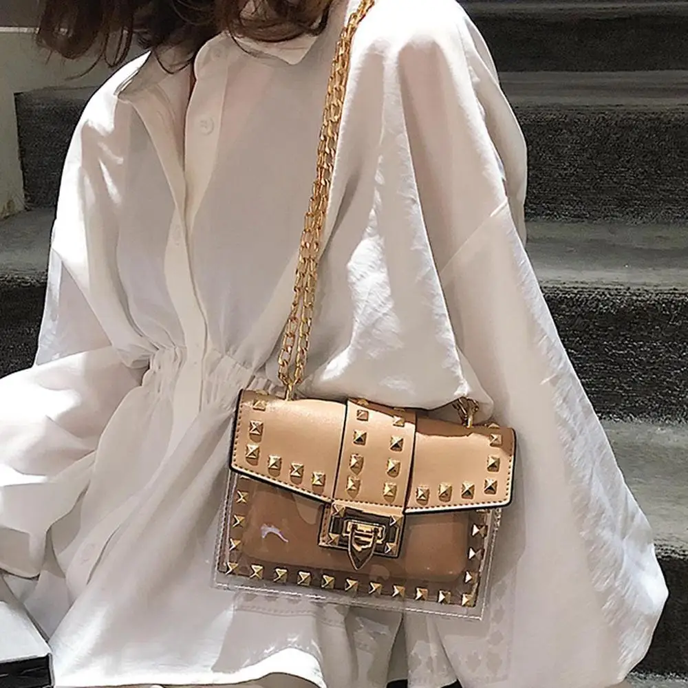 

Bags for Women 2019 Women Fashion Rivet Diagonal Package 2019 Fashion Explosion Street Transparent Shoulder Bag New Chain Bag#S