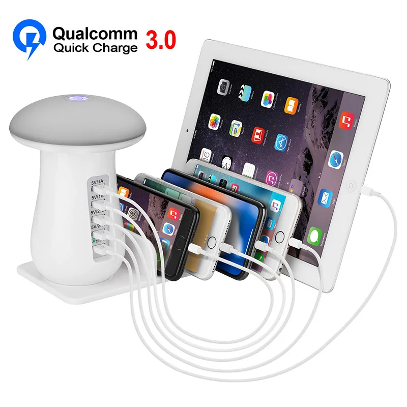 

Quick Charger 3.0, 5 Port USB Charging Station Dock with LED nightlight Charger for iPhone, iPad, Smartphones, Tablet
