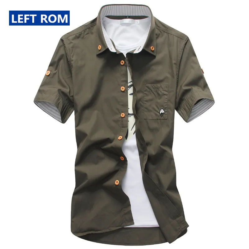 

Left ROM New Summer Men's Fashion Boutique Embroidery Cotton Casual Short Sleeves Shirts Men Slim Contrast Color Casual Shirts
