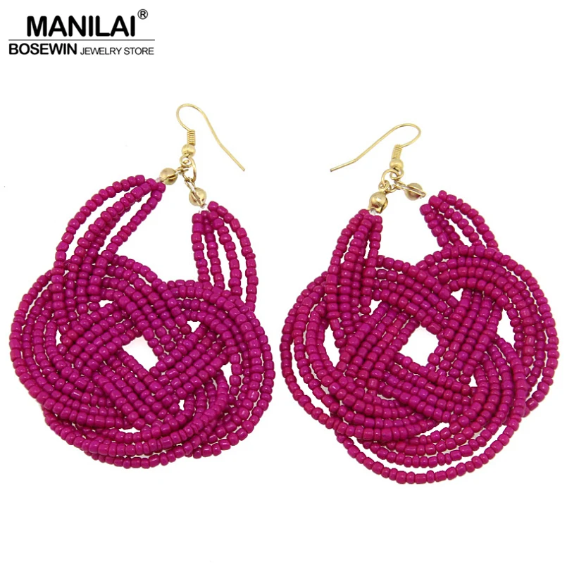 MANILAI Handmade Knitting Resin Beaded Bohemia Earring Women Fashion Jewelry Statement Geometric Pendants Dangle Earrings Big