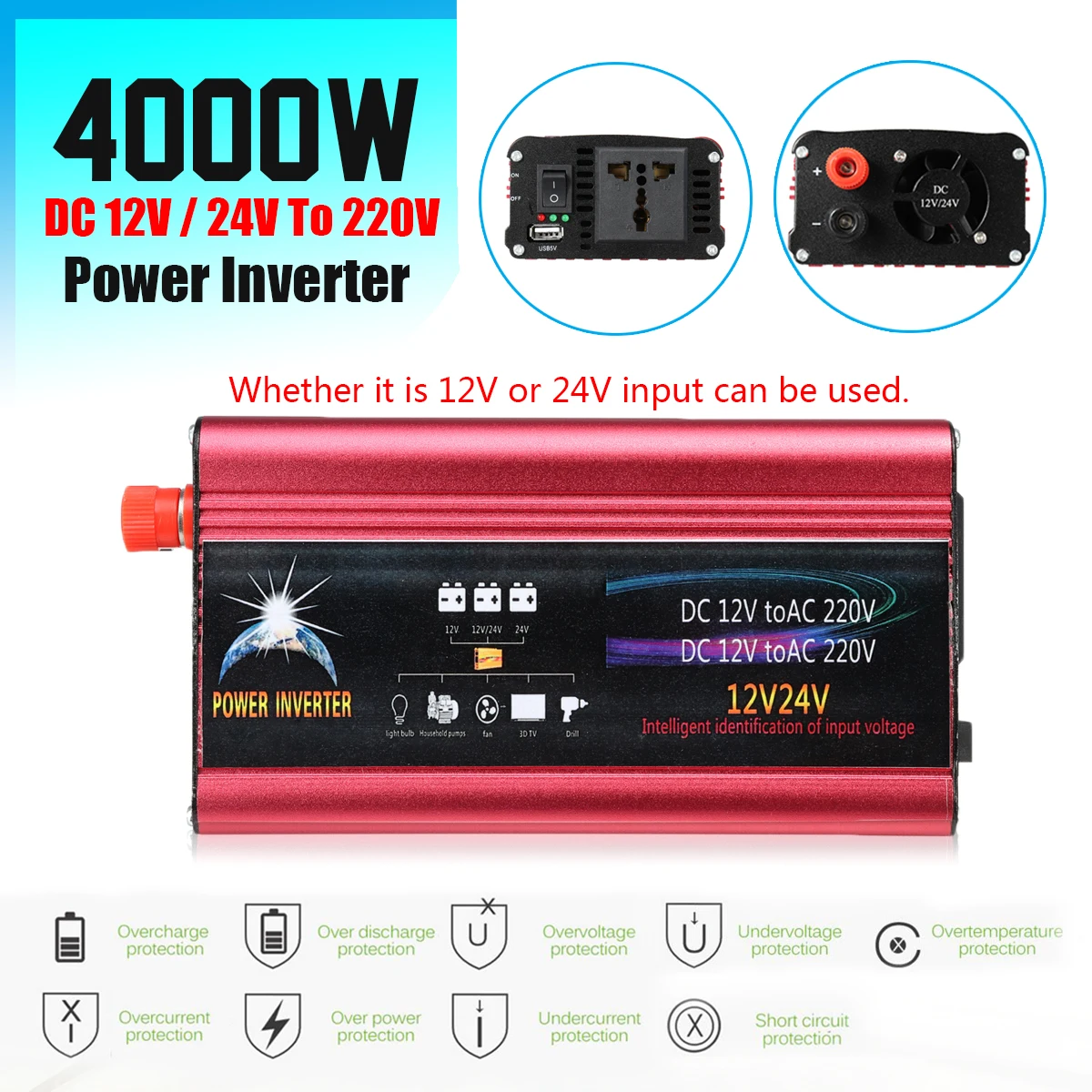 

P EAK 4000W Voltage Transformer DC12/24V To 220V Modified Sine Wave Power Inverter Car Charger Converter 8 Intelligent USB Port