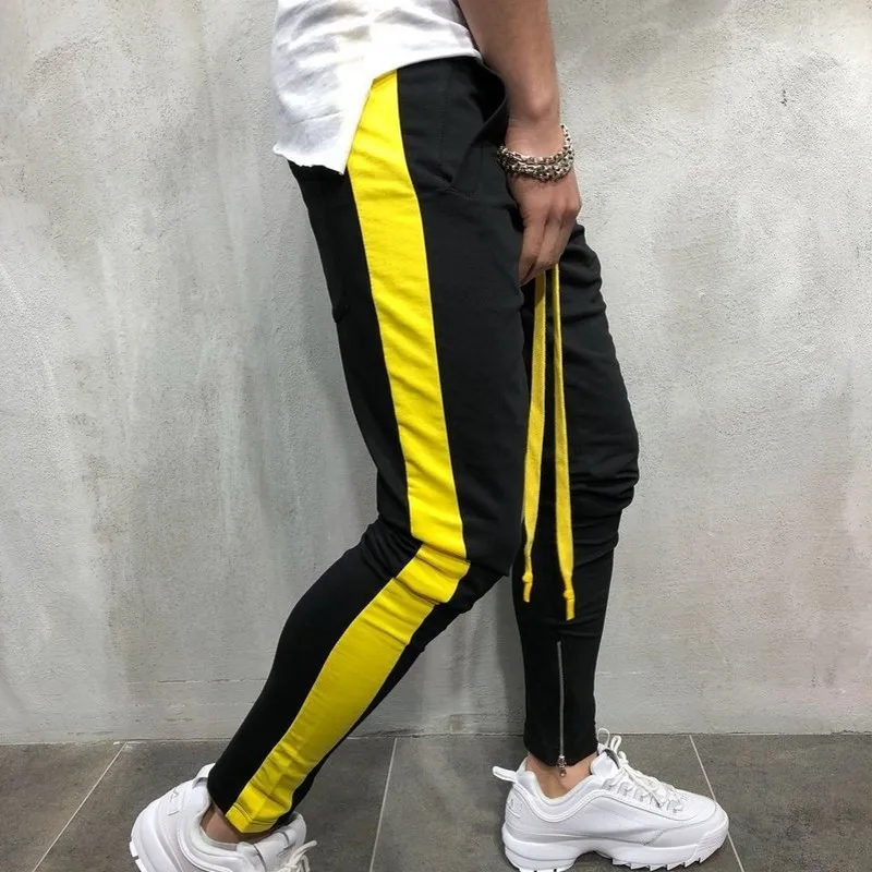 yellow and black Стиль хип-хоп, мужские цветные лоскутные брюки на молнии для ног, длинные брюки-карандаш на шнурке из хлопка, модные мужские спортивные штаны для фитнеса - Цвет: yellow and black