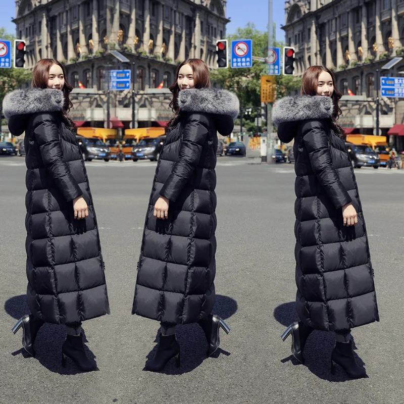 Черная длинная белая куртка-пуховик с мехом енота, модная зимняя парка, Толстая теплая тонкая куртка с гусиным пером, женская одежда, Okd387