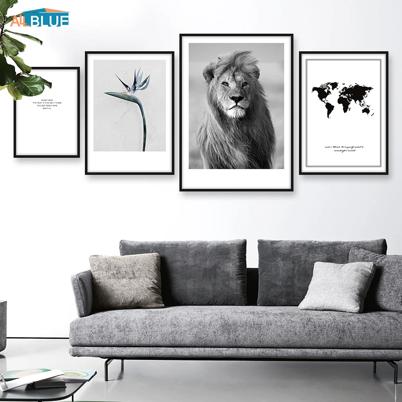 

World Map Canvas Lion Poster Animal Print Wall Art Painting Decorative Picture For Living Room Black And White Modern Home Decor