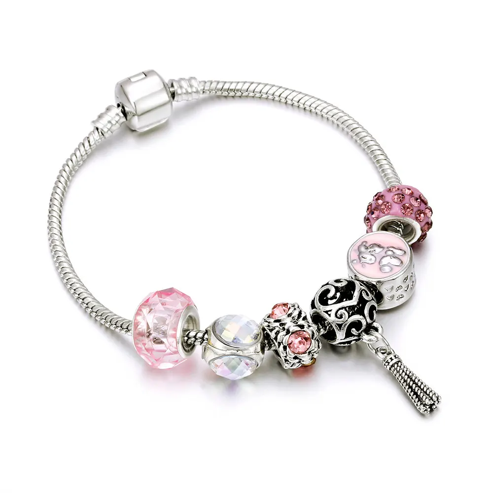 Модные серебряные очаровательные браслеты для женщин розовый кристалл цветок бусины ювелирное изделие, цепь в виде змеи Fit бренд браслет дропшиппинг - Окраска металла: style 13