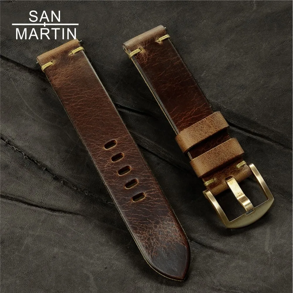 

San Martin Vintag Genuine Leather Watchbands 20-20mm Blue Dark Brown Women Men Cowhide Watch Band Strap Belt With Bronze Buckle