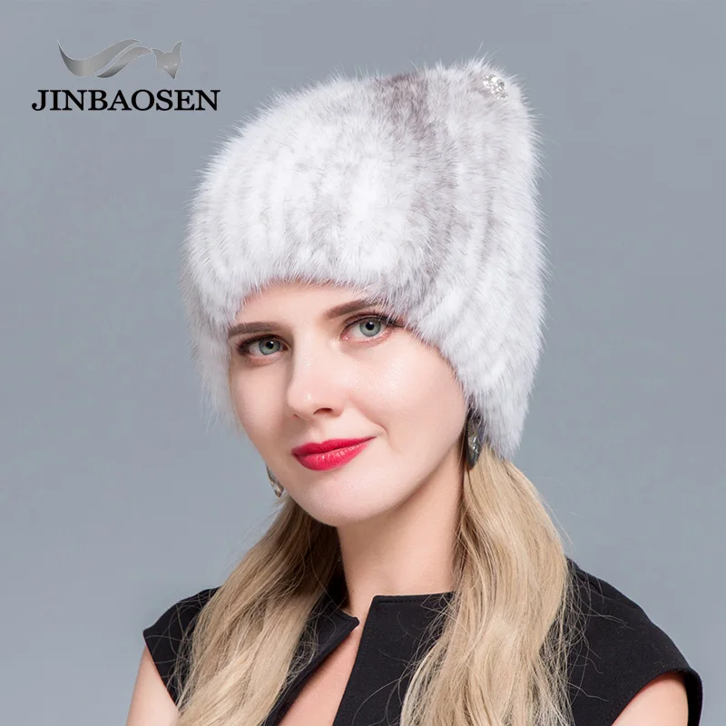 JINBAOSEN, зимняя женская шапка из меха норки, вязаный свитер, шапка, новая модная шапка с кошачьими ушками, европейский и американский стиль, Лыжные шапки