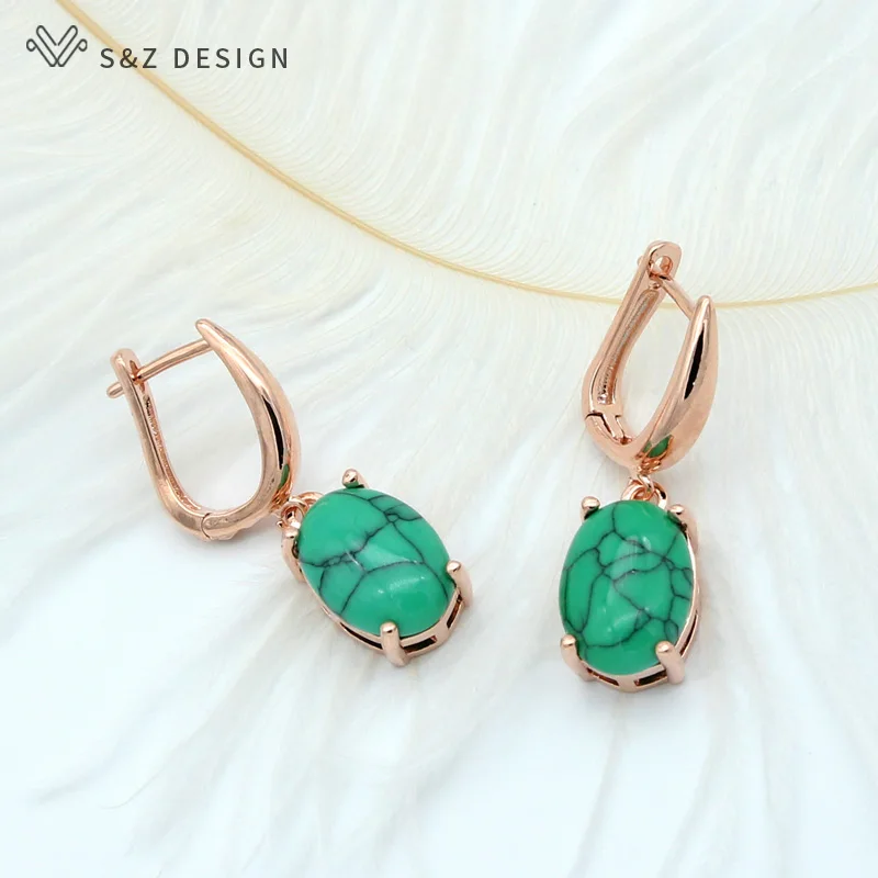 S&Z DESIGN New Classic Oval Egg Shape Synthetic Turquoises Dangle Earrings For Women Vintage 585 Rose Gold Color Trendy Jewelry