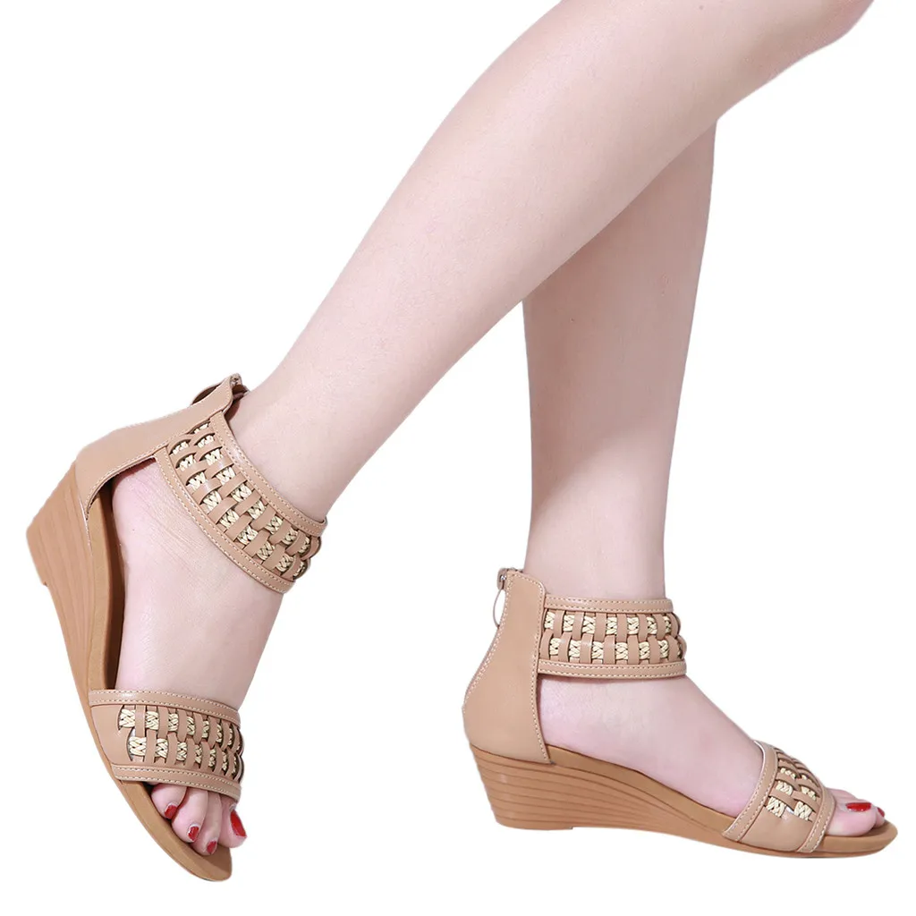 

women wedge sandals 2019 Comfortable Braided Bohemian Wedges Sandals Casual Zipper Single Shoes #XTN