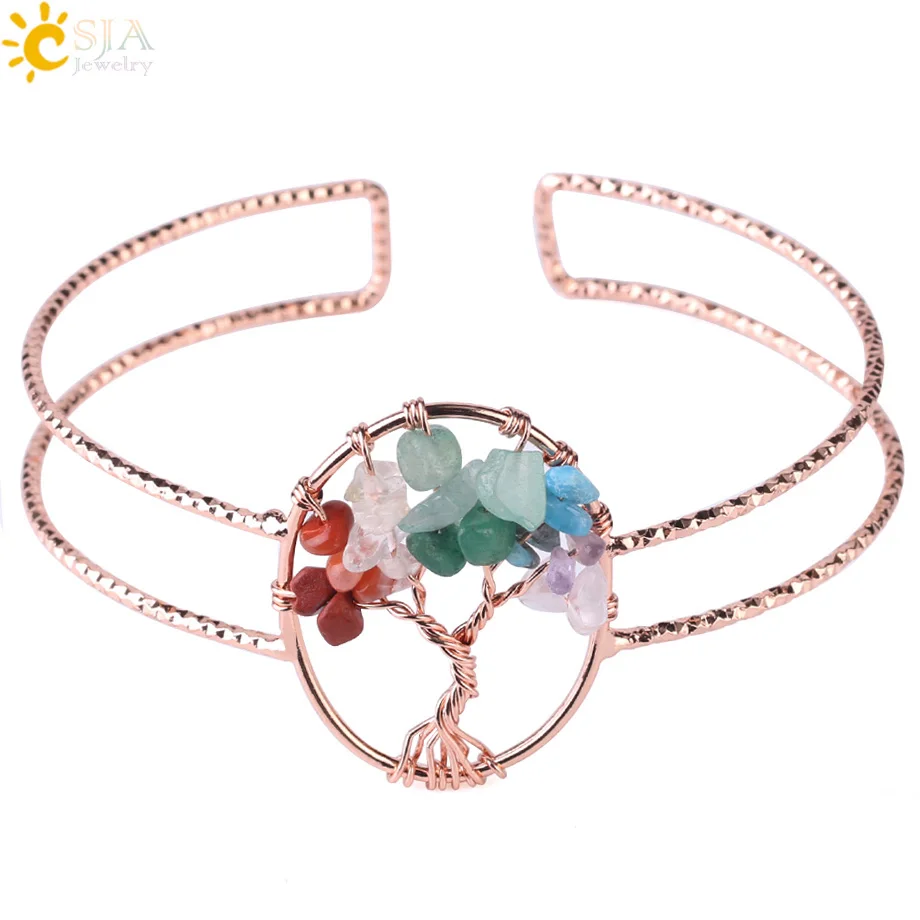 

CSJA Natural Stone Rose Gold Color Bracelet Wide Cuff Open Bracelets Oval Tree of Life Charm Bangle for Women Reiki Jewelry F504