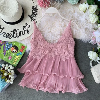 

2019 summer New V-neck Solid color shirt Ladies Lace Hook Flower Sling Loose Retro Short Ruffle Blouse Women aa970