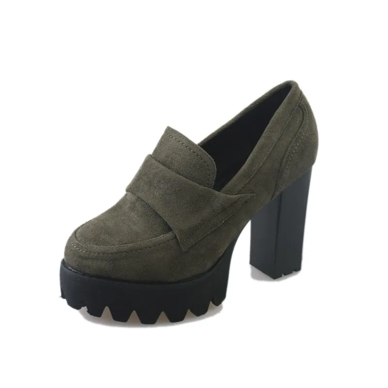Женские туфли-лодочки замшевые туфли на высоком толстом каблуке 10 см; модель года; черные тонкие туфли на водонепроницаемой платформе с круглым носком женская обувь на толстой подошве