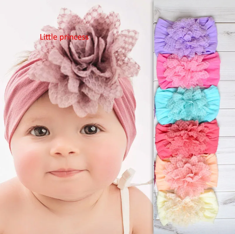 30 шт./партия, однотонная мягкая нейлоновая повязка на голову для новорожденных девочек, нейлоновые оголовья с большим цветком, Детские аксессуары для новорожденных