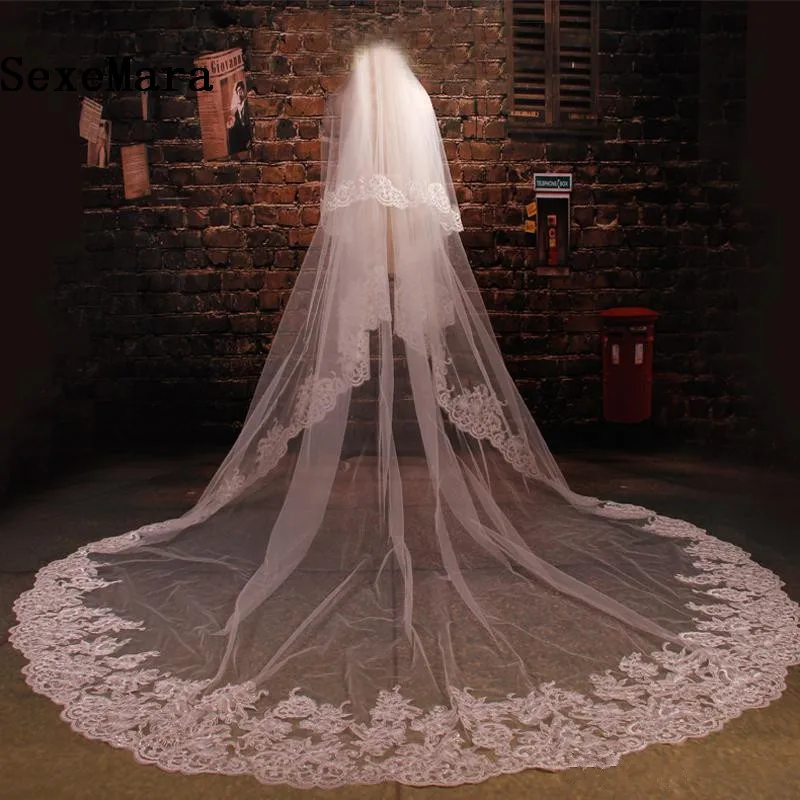 

New White/Ivory Wedding Veil Two-Layers Cathedral Length Netting Lace Appliques Bridal Veils With Comb Custom Made