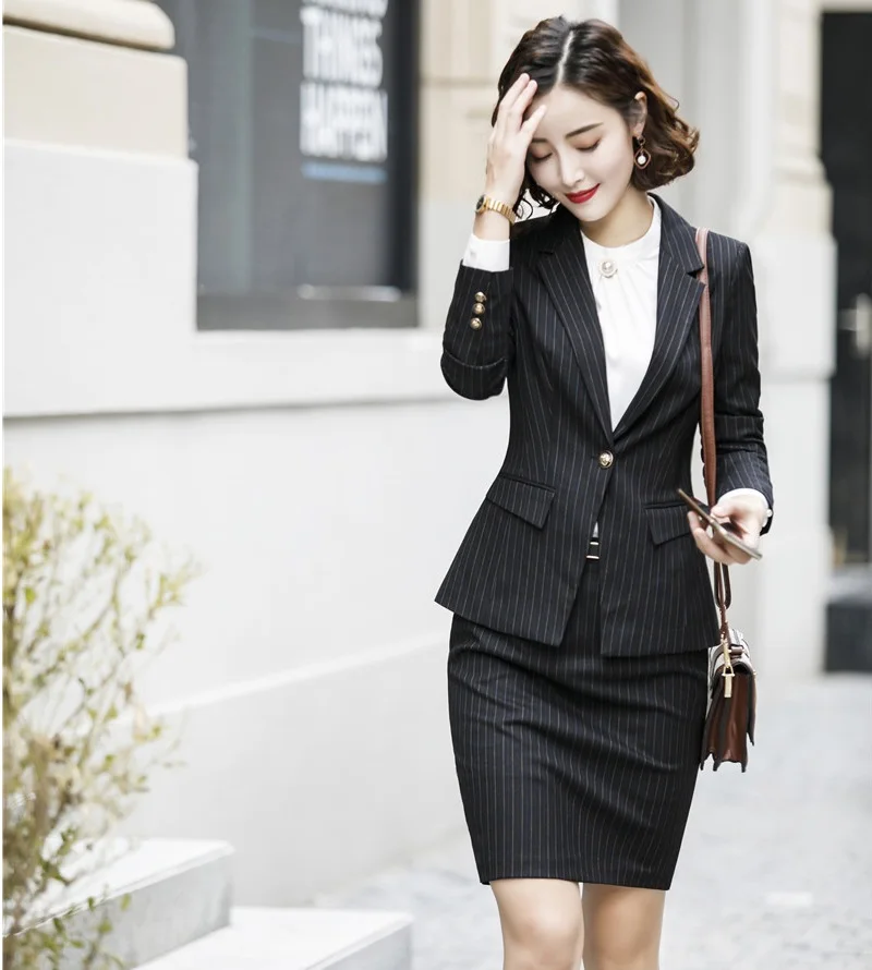 Комплекты из 2 предметов, формальные блейзеры, женские деловые костюмы с пиджаками, пальто и юбка, офисные женские модные полосатые комплекты одежды для работы - Цвет: Black