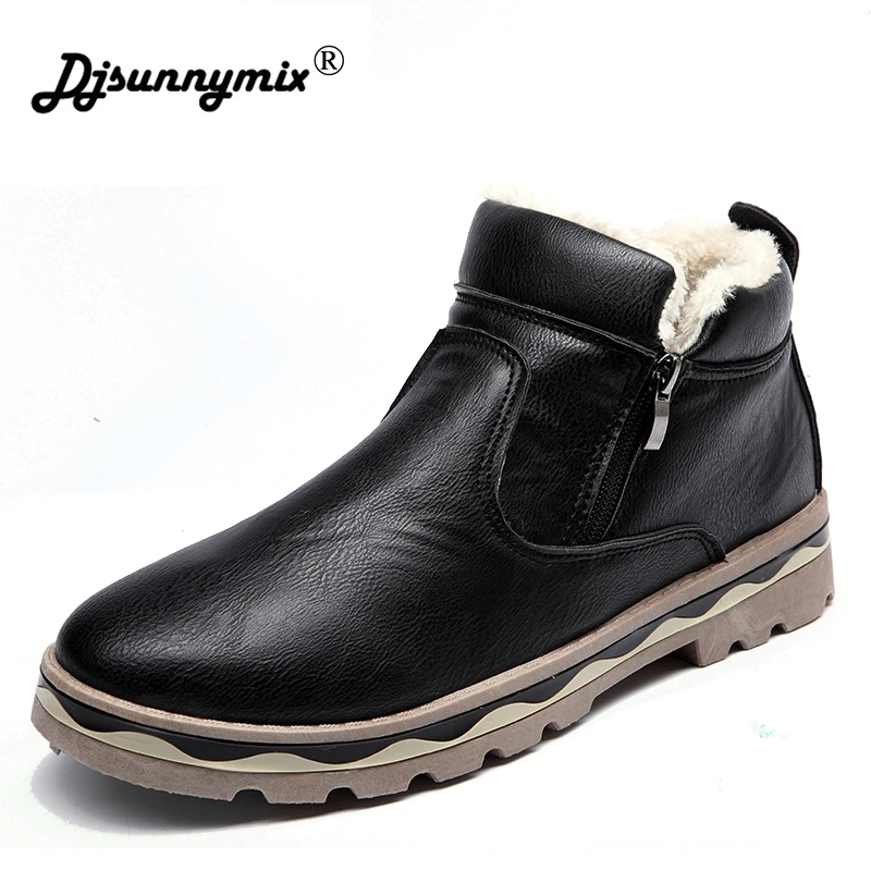 

DJSUNNYMIX Men Winter Boots Warm Comfortable Working Safety Motorcycle Zip Retro Winter Snow Men Shoes Size 39-44