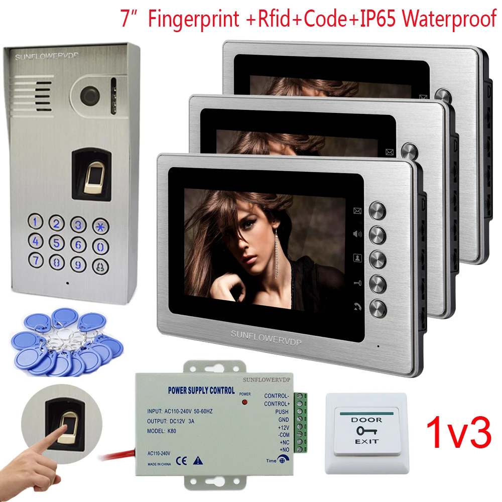 

IP65 Waterproof Wired Home Video Intercom Fingerprint Rfid Keypad Videophone 3 Units 7" Color Monitor Intercom With A Camera