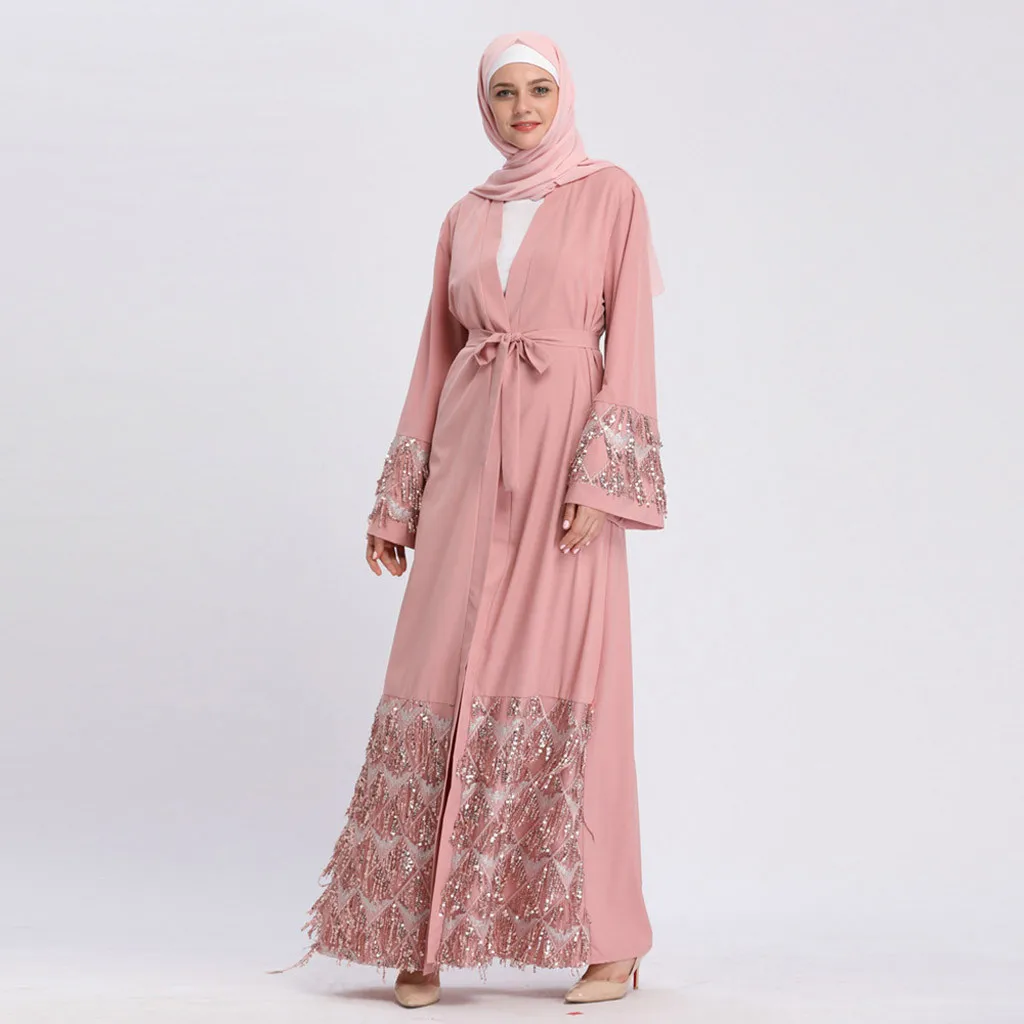 Абаи 2019 мусульманское платье Серый Бисер Для женщин цветочный длинное платье с принтом халат открытый кардиган «абайя» мусульманин Дубай