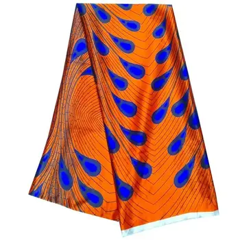 

5Yards/pc Fashionable orange chiffon silk lace fabric printed blue feather pattern african smooth Rayon fabric for dress LBS3-2