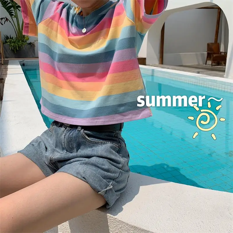 

Loose Rainbow Striped T-shirt Tee Punk Tunic Women's Tshirts Japan Kawaii Ulzzang Female Sweet Lovely Harajuku Tshirt For Women