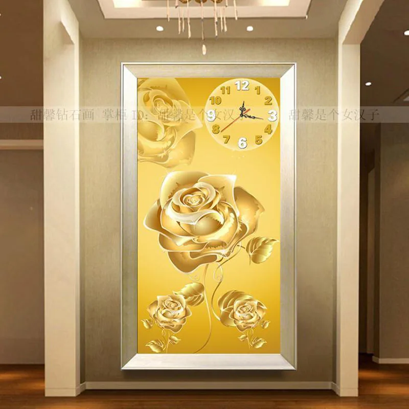 

Modern Simple Living Room Corridor Aisle Decoration Square Drill Diamond Painting, 5D Sticker Cross Stitch, Golden Rose Clock