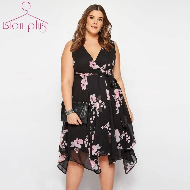 

Deep V-Neck Plus Size Dress 5xl 6xl 7xl Summer Dress 2019 Floral Print Asymmetrical Dresses Black Party Dress Oversized Vestido